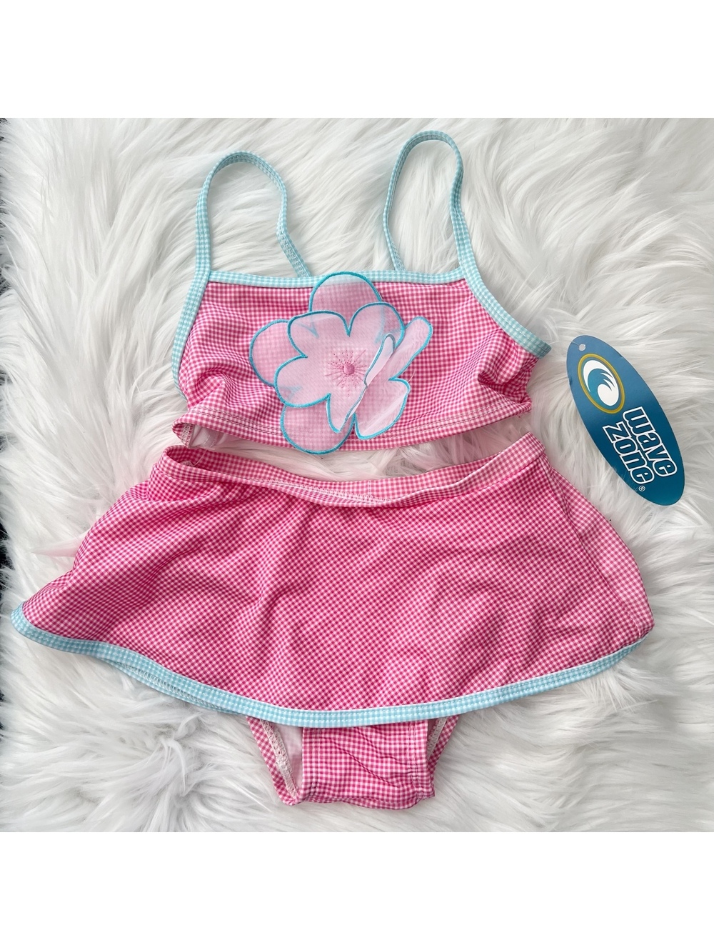 NWT Wave Zone Girls 3T Pink Gingham Flower 2 Piece Skirted Swimsuit